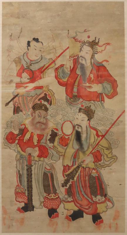 Antique Framed Chinese Watercolor of the Warriors: Antique Chinese framed painting displaying (4) standing warriors or defenders. With Karl Mann Associates label verso with description of, "Chinese Scroll. Watercolor of Rice Paper, late 18th cent