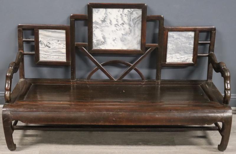 Chinese Carved Wood Bench with Dreamstone Inserts. (1 of 16)