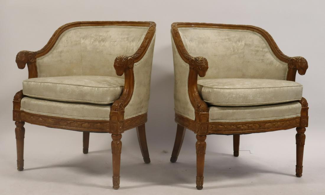 Vintage Pair Of Upholstered Chairs With Rams Head: Arms. From a Riverside, CT estate. - Dimensions: 34" h x 27" w x 21" d.