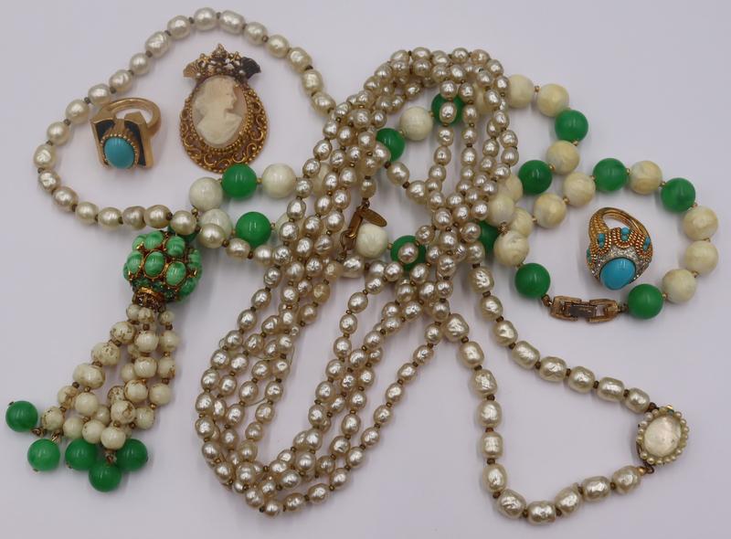 JEWELRY. Collection of Costume Jewelry Inc Haskell: Includes a signed Florenza gold-tone oval brooch with central cameo and a faux pearl accented crown - signed, "Florenza ©"; a signed Jomaz gold-tone faux turquoise and white/colorless r