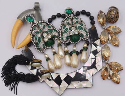 JEWELRY. Collection of Costume Jewels Inc. VRBA.: Includes a signed Alexis Kirk inlaid pendant suspending from an individually knotted beaded necklace - inscribed, "Alexis Kirk" verso; a large signed Alexis Kirk silver-tone and faux tooth/c