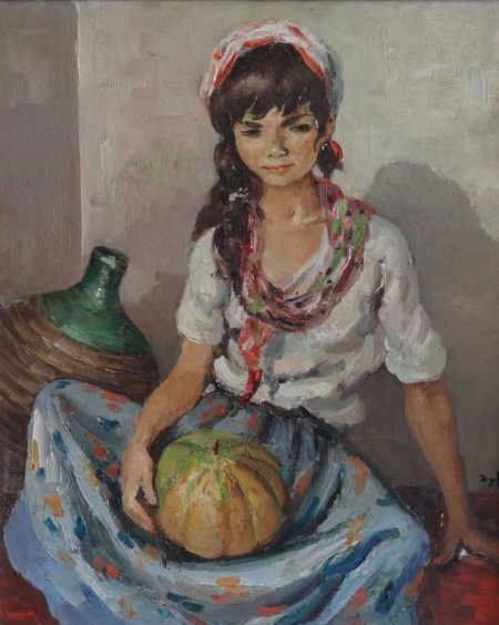 DYF, Marcel. Oil on Canvas of Girl with Melon.: Signed lower right. Marcel Dyf, French, 1899-1985. From a Port Chester, NY estate. Dimensions: 28.75" high x 23.5" wide. Condition: Scattered losses and flaking to hair and along girl's left hand in l