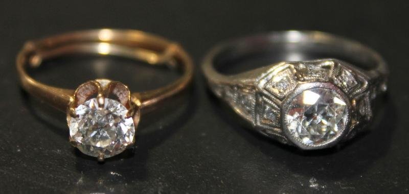 Art Deco Diamond Engagement Ring with a Solitaire: Prong Diamond Engagement Ring. Deco ring is approximately .75 ct. and possibly platinum ; Solitaire prong ring is approximately .80 ct. and possibly 18k. From a Park Avenue NYC estate. Sizes: Deco set