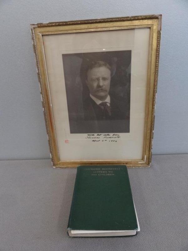Signed Photograph of Theodore Roosevelt together: with a book, "Theodore Roosevelt's Letter to his Children," Joseph Bucklin Bishop, ed., Charles Scribner's Sons, New York, 1919. From, an Armonk NY home. Dimensions: photograph is 9.24" high x 7.25." 