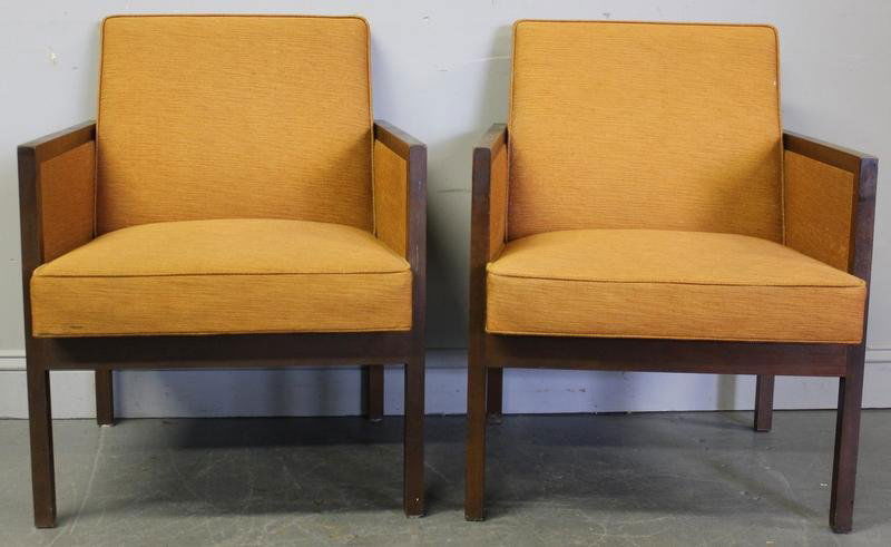 Pair of Midcentury Upholstered Armchairs.: Labeled Stow Davis Grand Rapids. Nice form. From a Tarrytown, NY estate. Dimensions: 24" wide x 21.25" deep x 31" high. Condition: Original upholstery; possibly faded; rough edge to one front leg.