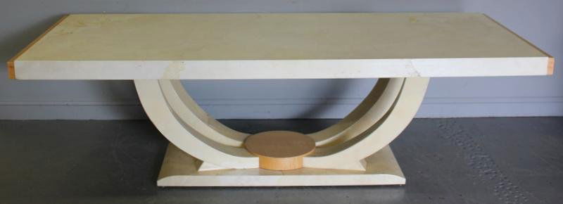 Large Parchment, or Leather Covered Dining Table.: Possibly Karl Springer. With two extension leaves. From a Tarrytown, NY estate. Dimensions: 97.25" wide x 40" deep x 29.75" high. Condition: Very thick lacquer finish mostly gone from top; minor scuff