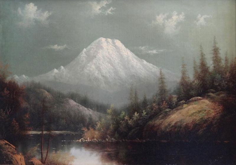 BARCHUS, Eliza. Oil on Canvas "Mt. Ranier Noonday": Signed lower right. Inscribed in pencil verso with title. Eliza Rosanna Lamb Barchus, American - Oregon, 1857 - 1959. From the estate of an NYC art restorer. From a Westchester, NY estate. Dimensions: