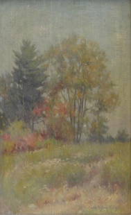 RAUGHT, John W. 1921 Oil on Canvasboard Landscape.: Signed and dated lower right. John Willard Raught, American 1857-1931. From a Stamford, CT collector. Dimensions: 11.75" high x 9375" wide.