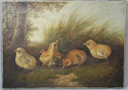 AFT. ARTHUR FITZWILLIAM TAIT (BRITISH, 1819-1905).: Chicks. Oil on canvas. Apparently unsigned. From a Pound Ridge, NY estate. - Dimensions: 10" h x 14" w.