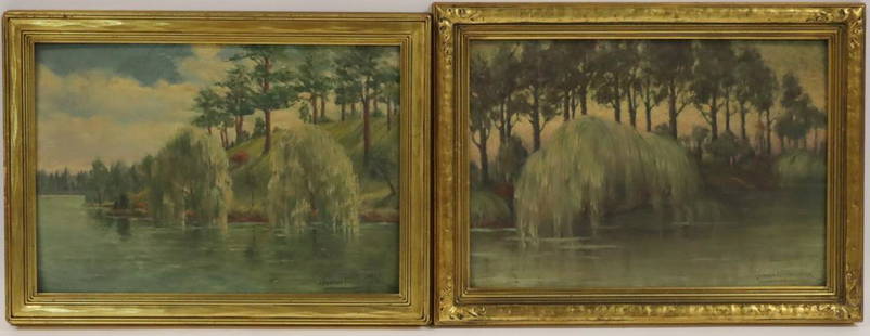 MIHRAN KEVORK SERAILIAN (AMERICAN, 1867-1957).: Pair of landscapes with willow trees at Roger Williams park. Oil on board. Both signed lower right. Labels verso. From a Pelham, NY estate. Dimensions: 14" h x 19.75" w. Frame: 17.5" h