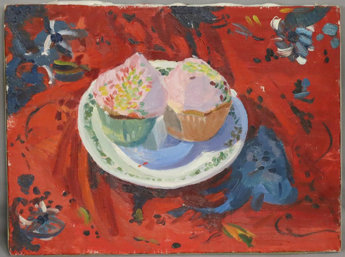 CUPCAKES. OIL ON LINEN.: Cupcakes. Oil on linen. Apparently unsigned. From a Massachusetts estate. - Dimensions: 12.25" h x 16" w.