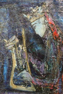 NISSAN ENGEL (ISRAELI, 1931-2016).: Abstract figure with crown and item in hand. Oil on canvas. Signed top right. From a Westchester County, NY estate. Dimensions: 32&quot; h x 25.5&quot; w. Frame: 34.75&quot; h x 28&quot; w.