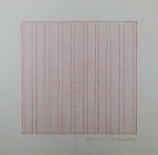 AGNES MARTIN (AMERICAN, 1912&ndash;2004).: &quot;Praise&quot; from the Rubber Stamp Portfolio (1976). Color rubber stamp on Dalton Natural Bond paper. Stamped signature and title lower right. Pencil number 224 at lower right corner, from an ed