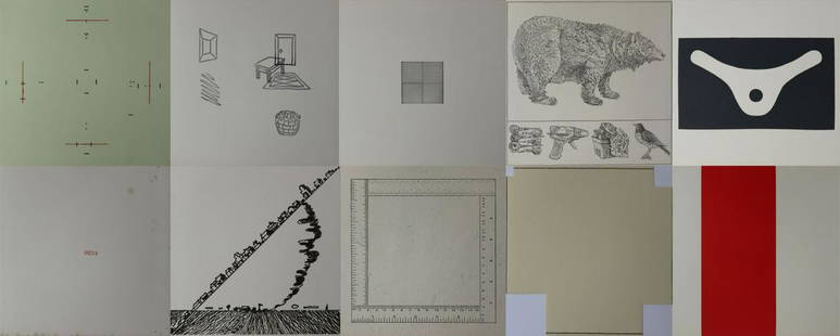 10 Various Artists (from Rubber Stamp Portfolio).: 10 prints from from the Rubber Stamp Portfolio (1976). Including works by: Sol Lewitt, Richard Artschwager, Barry Le Va, Don Nice, Myron Stout, Carl Andre, Joe Zucker, Robert Mangold, Sylvia Mangold,