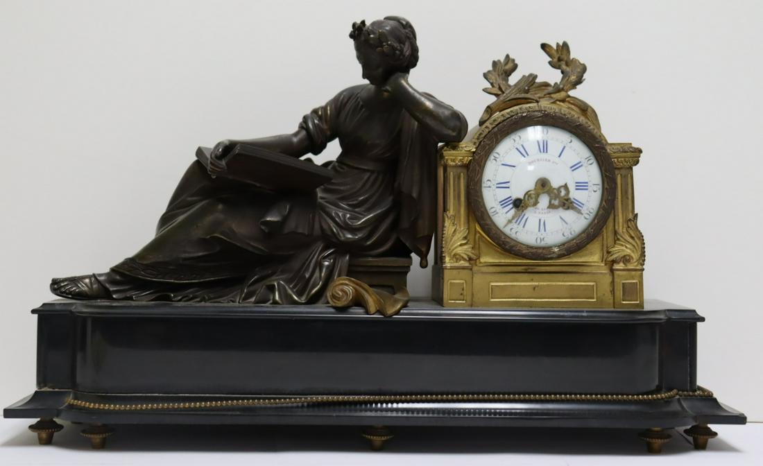 Antique Patinated & Gilt Bronze Clock On Marble. (1 of 12)