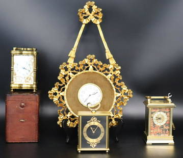 A Group of 4 Decorative Clocks Inc. Mappin &amp;Webb: 1) an Angelus electric clock (not tested for function), 2) A Halcyon Days enamel clock in the Chinese taste, with key, 3) a Mappin &amp; Webb hanging clock in gilt metal, (old solder repair at bottom