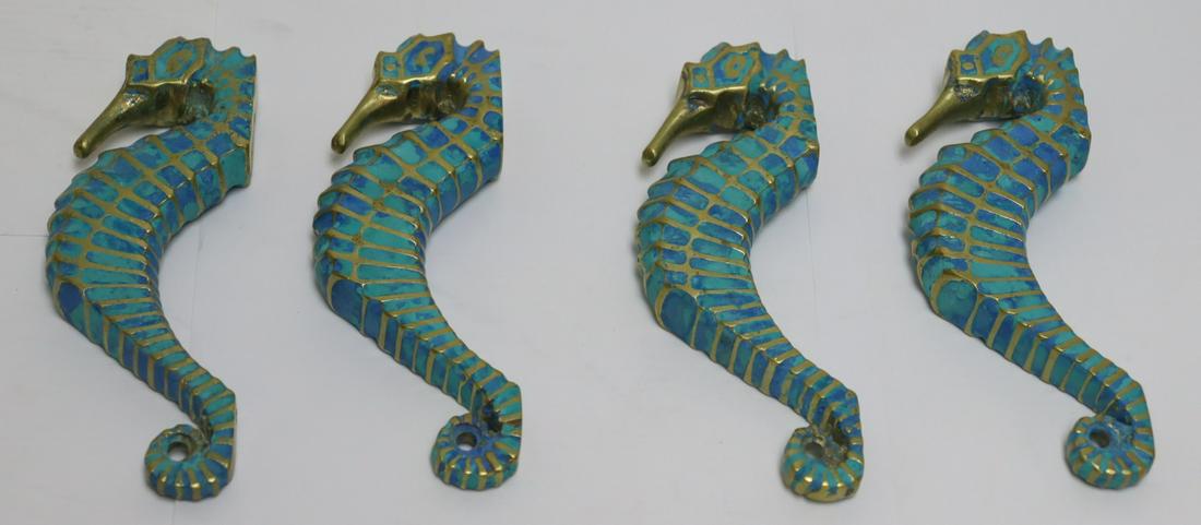 SIGNED PEPE MENDOZA (MEXICO, 20TH CENTURY).: 4 Enameled Bronze Seahorses. Signed "Hecho en Mexico". Heavy and quality. From a New Jersey, estate. - Dimensions: 7" h x 1.5" d x 3" w.