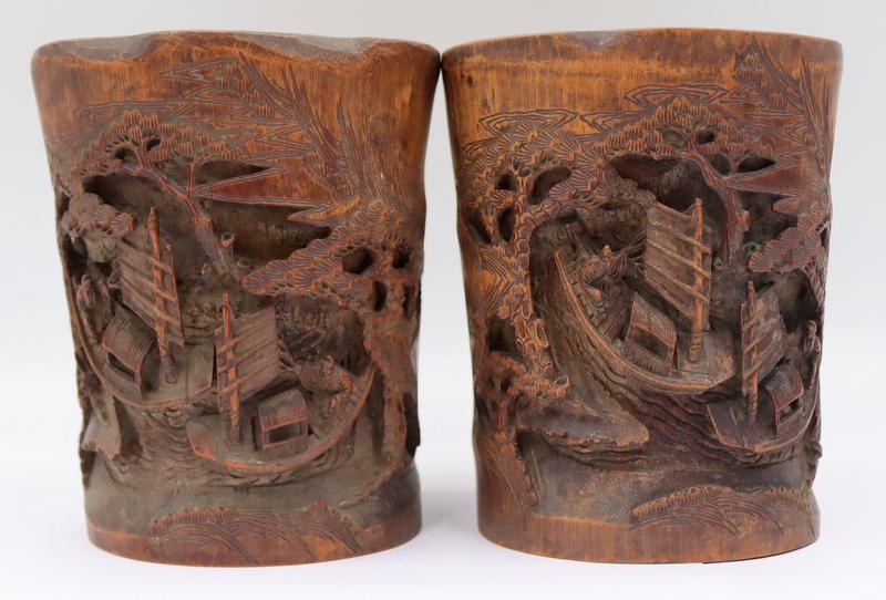 Near Pair of Chinese Carved Wood Brush Pots. (1 of 12)