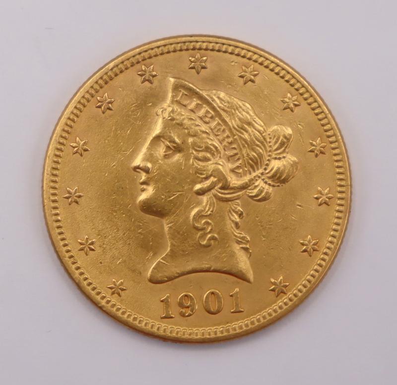 NUMISMATICS. 1901 $10 Liberty Head Gold Coin. (1 of 2)
