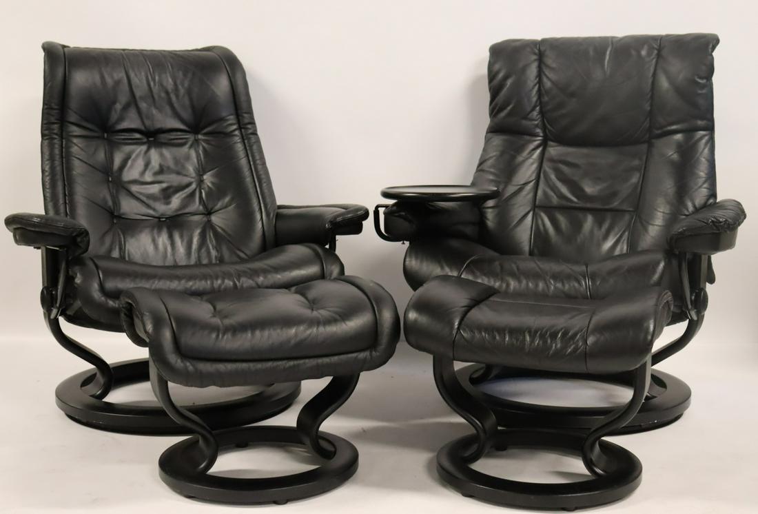 A Matched Pair Of Ekornes Leather Lounge Chairs: With Ottomans. One a stress less lounger. From an Eastside, NYC estate. Dimensions: 38.5" h x 34" w x 32" d. Ottoman: 16" h x 22" x 17" d.