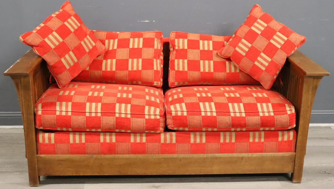 Stickley Audi Prairie Style Oak Settee/Sleeper.: Great with nice blonde oak, spindles and prairie style cushions. From an East 85 st, NYC estate. - Dimensions: 32" h x 73" w x 37" d.