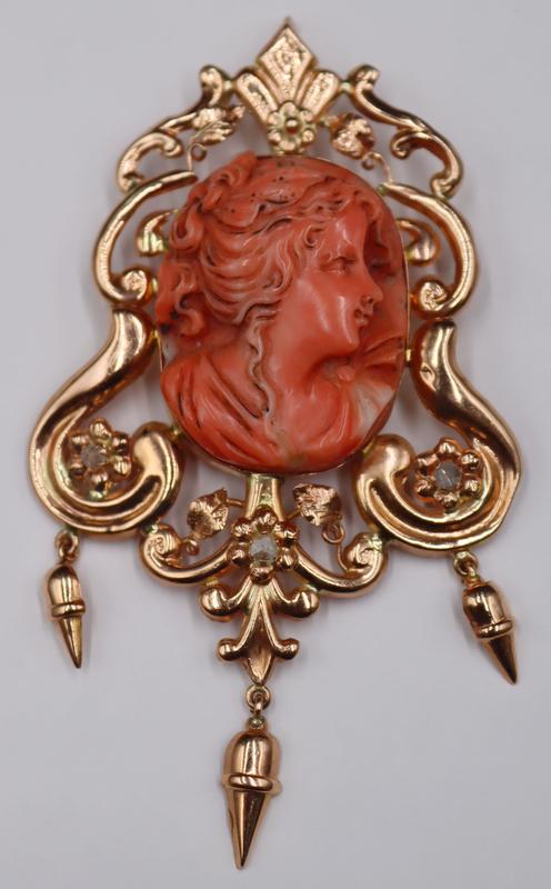 JEWELRY. 14kt Gold and Carved Coral Cameo Pendant. (1 of 6)