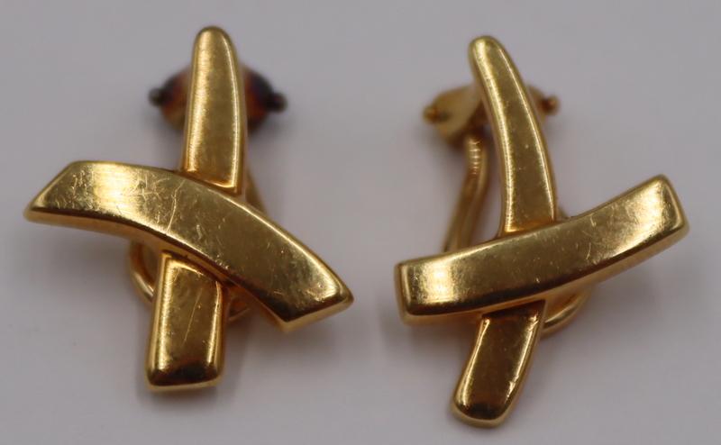 JEWELRY. Pair of Paloma Picasso for T&Co 18kt: Gold Earrings. Pair of signed Paloma Picasso for Tiffany & Co. 18kt yellow gold X-form clip-on earrings. Stamped verso, "??© Paloma Picasso T & Co 750". Total approx. weight of 