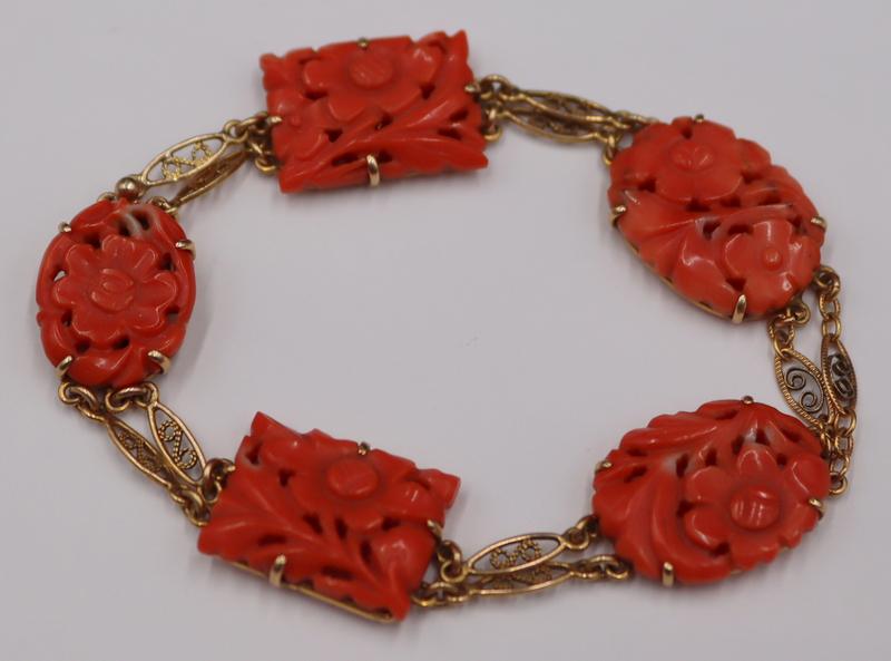 JEWELRY. 14kt Gold and Carved Coral Bracelet. (1 of 11)