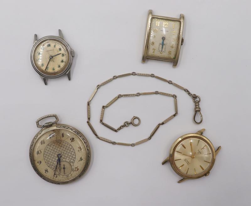 JEWELRY. 10kt White Gold Fob Chain and Assorted: Watches. Including a 10kt white gold fob chain fitted with an Albert Swivel clasp and spring ring. Clasps stamped, "10K". Accompanied by a damaged Hamilton gold filled pocket watch; a damage