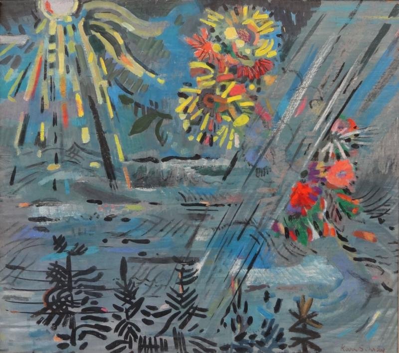 SCHRAG, Karl. Oil on Board. "Coming of Fall.": Signed lower right. Brandeis Loan Collection plaque on frame. Kraushaar Gallery label verso. Karl Schrag, American, 1912 - 1995. From the now defunct Boris Mirski Gallery, Boston. Dimensions: 25.75" h
