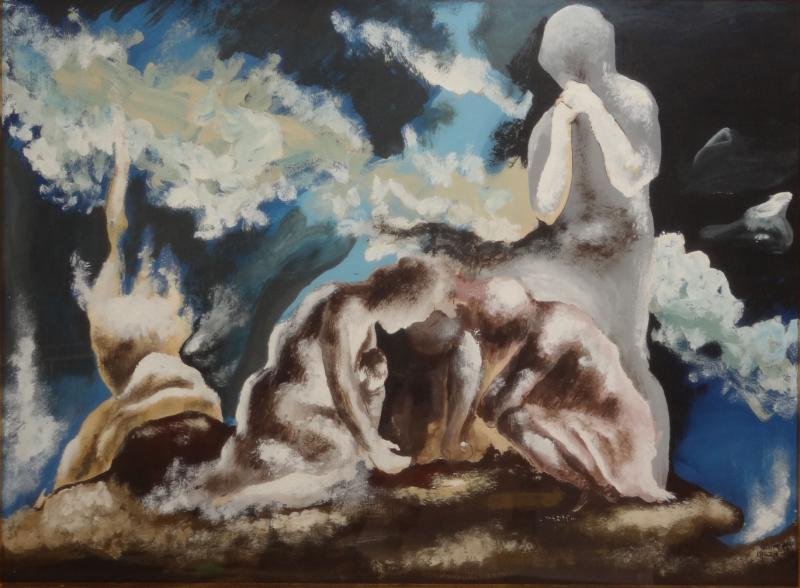 MEZA, Guillermo. Gouache on Paper of Figures.: Signed lower right. Guillermo Meza, Mexican, 1917 - 1997. From the now defunct Boris Mirski Gallery, Boston. Dimensions: sight - 10.75" high x 15.25" wide. Condition: Good, not examined out of frame.