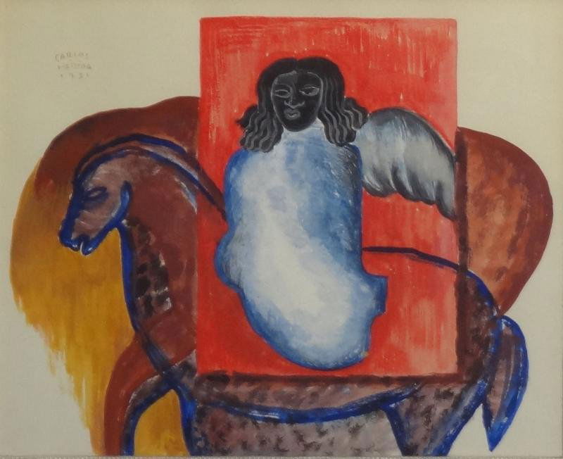 MERIDA, Carlos. 1931 Gouache on Paper. Angel on: Horseback. Signed and dated upper left. Carlos Mérida, Guatemalan, 1891–1984. From a 1170 Park Ave estate. Dimensions: Sight - 8.25" high x 10.25" wide. Condition: Unusual small punched (?) hole, n