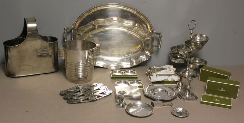 Christofle and Other Silverplate Lot.: Includes a deco ice bucket signed Christofle; an oval deco tray signed Christofle; a French, probably silverplate tray with hallmarks; an unmarked multi tier serving piece; an unmarked double champagn