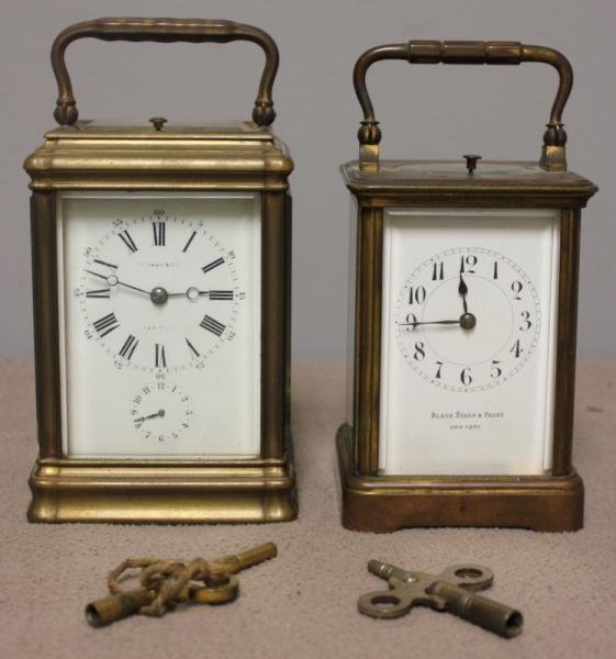 2 Repeater Carriage Clocks,1 Tiffany &: 1 Black Starr & Frost. From a Stamford, CT home. Dimensions: 3.5" wide x 3" deep x 5" high & 3" wide x 2.75" deep x 4.5" high.
