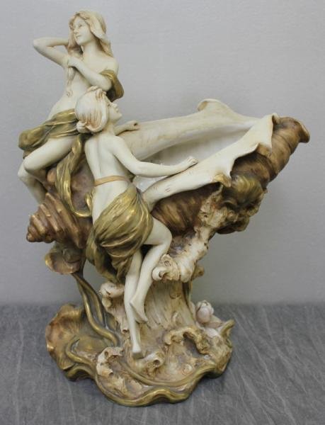 Royal Dux Porcelain Figural Center Piece.: From a Scarsdale, NY home. Dimensions: 13.5" wide x 17" high. Condition: Minor flea bite chips.