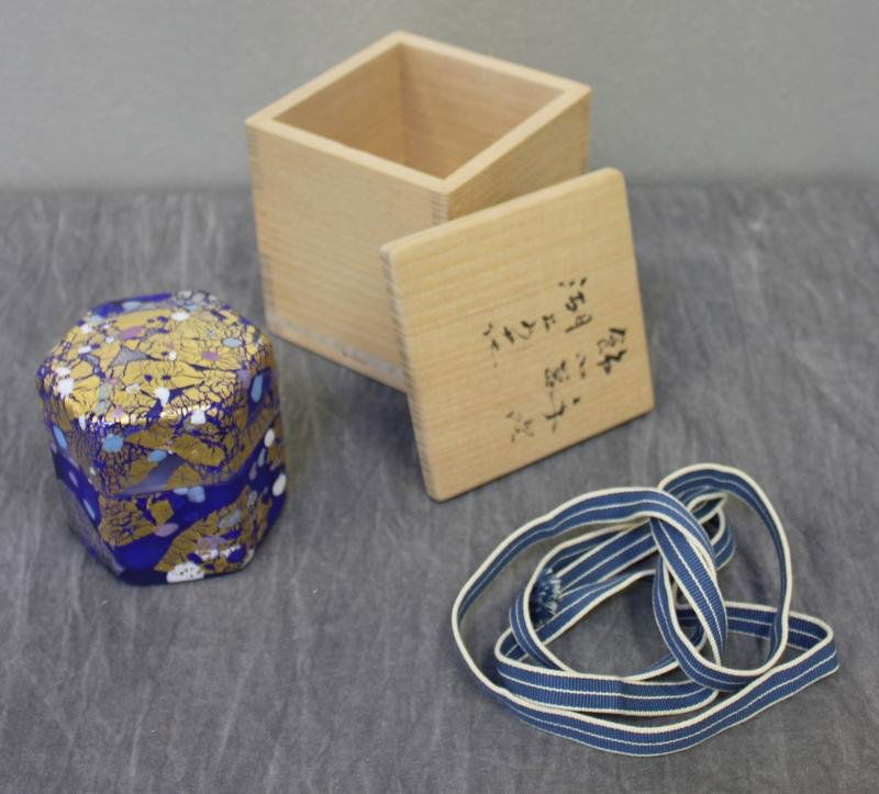 Kyohei Fujita Geometric Covered Glass Box.: Unsigned but with the original box and ribbon. From a Mamaroneck, NY. Dimensions: 3.25" diameter x 3.5" high.