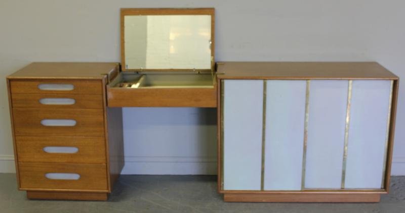 3 Section Midcentury Vanity Signed Harvey Probber.: With gray leather inserts and door fronts. From a Hartsdale, NY estate. Dimensions: 92.25" wide x 18.25" deep x 33" high. Condition: Original finish and condition with minor finish scuffs; a couple of