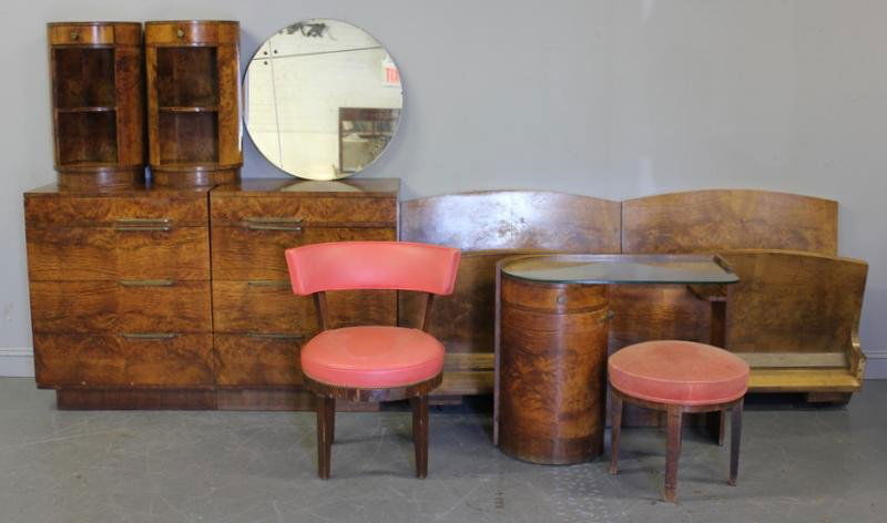 Art Deco Burled Wood Bedroom Set.: Labeled Joseph Aronson, possibly designed by Gilbert Rhode. Includes a pair of 4 drawer chests with brass pulls - 30" wide x 20.25" deep x 37" high; a pair of circular one drawer night stands; a pair