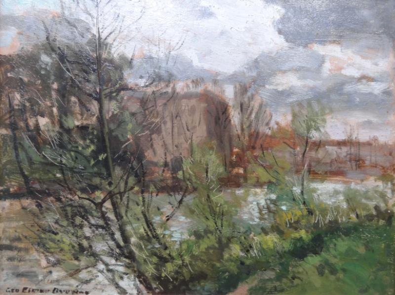 BROWNE, George Elmer. Oil on Panel Landscape.: Signed lower left. George Elmer Browne, American, 1871 -1946. From a New Jersey home. Dimensions: 10.5" high x 15" wide. Condition: Good.