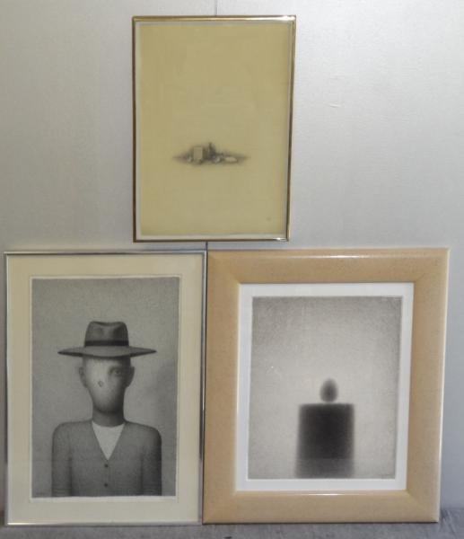 KOULBAK, Victor. 3 Drawings on Paper.: Man in Bowler Cap - pen and ink, signed lower right in pencil and signed and dated 77 in the drawing lower left, 22" high x 14" wide. Candle - pen and ink, signed and dated 75 lower right, 17.25" high