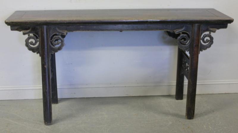 Antique Chinese Hardwood Altar Table.: Dimensions: 69.5" wide x 19" deep x 34" high. Condition: Minor chips and losses; finish as is.