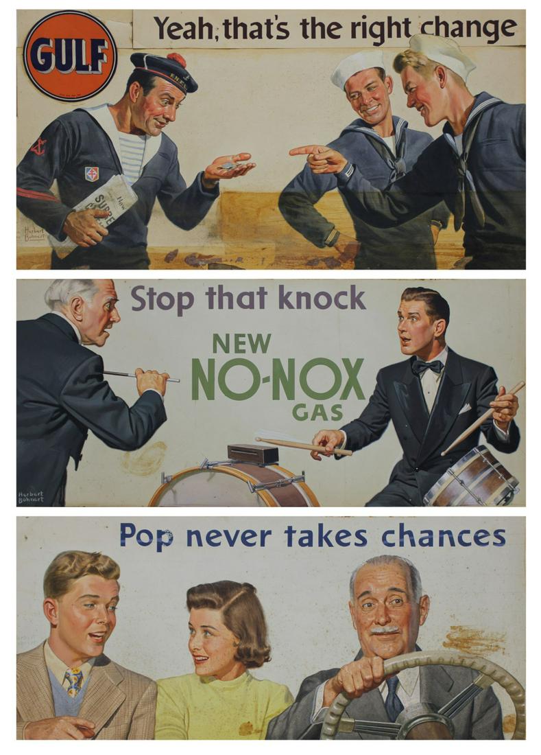 HERBERT BOHNERT (AMERICAN, 1888-1967).: Group of 3 advertising paintings. To include: Gulf (Sailors), No Knox (Drummers), Pop Never (Drivers). Watercolor and gouache on board; "Gulf" with printed collage element. Each signed. From