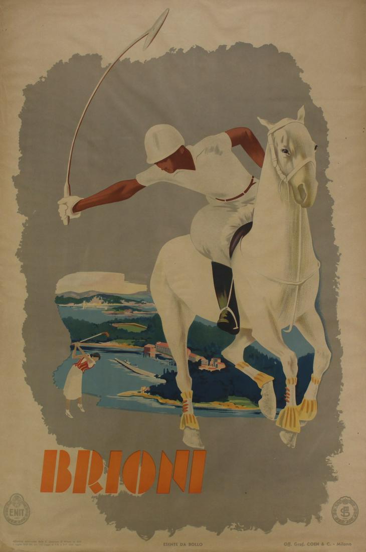 ITALIAN TRAVEL POSTER (1937).: Brioni (Polo Player). Original lithograph poster printed by Coen Milano 1937. From a Scarsdale, NY estate. - Dimensions: 39" h x 26 1/4" w. (sight).
