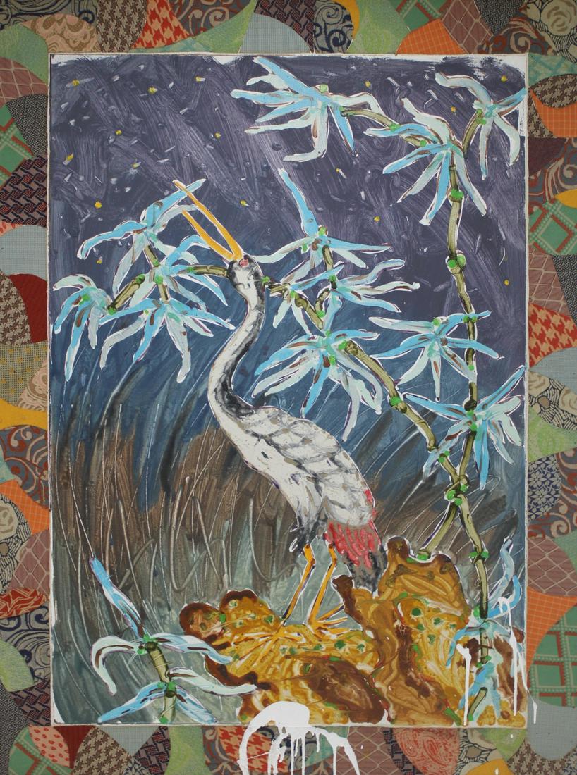 BRAD DAVIS (AMERICAN, B.1942).: "Crane & Bamboo / Night". Acrylic and polyester on canvas. 1979-80. Labels from Holly Solomon Gallery, New York and The Mayor Gallery, London affixed, verso. From a Larchmont, NY estate.