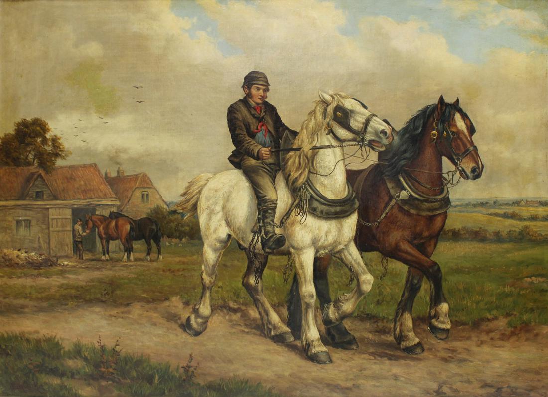 DIXON CLARK (BRITISH, 1849-1944).: Horse Riding Scene on Farm. Oil on canvas. Signed lower left. From a New York, NY collection. - Dimensions: 22" h x 30" w.