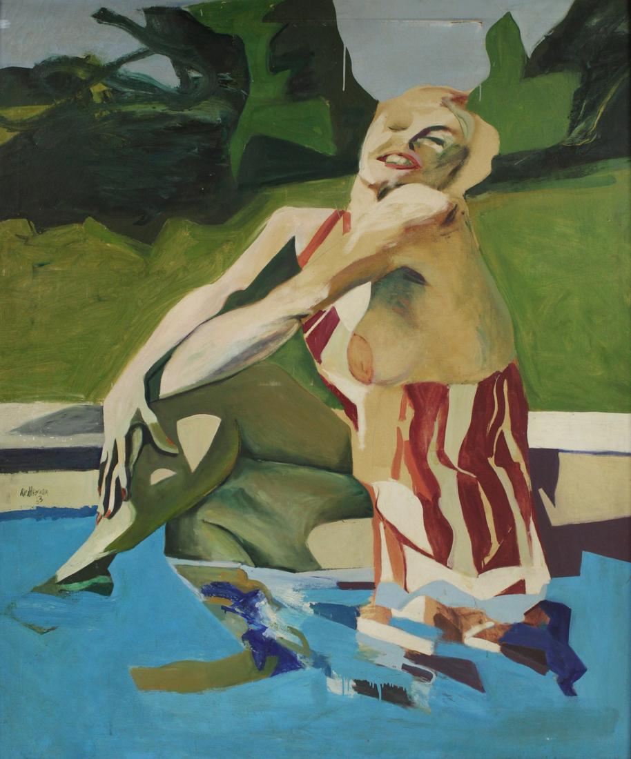 ILLEGIBLY SIGNED (AMERICAN, 20TH CENTURY).: Marilyn-esque Figure Posing by The Pool. Large oil on canvas. 1963. Signed and dated lower left. From a Bronx, NY collection. - Dimensions: 82" h x 68" w.