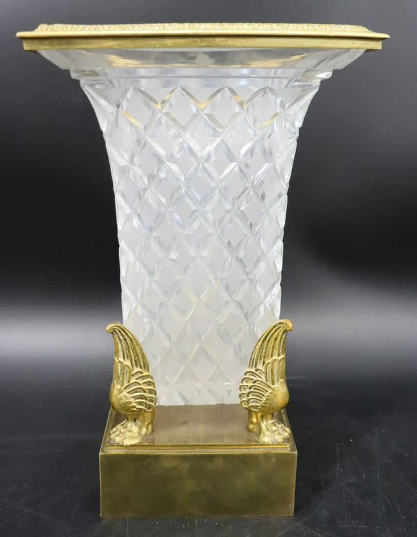 French Bronze Mounted Cut Glass Vase.: In the Empire style, the square beaker form vase with cross hatched cut panels raised on winged animal paw feet, further raised on a plinth. From a Madison Ave, NYC estate - Dimensions: 12.75" h x 7.7
