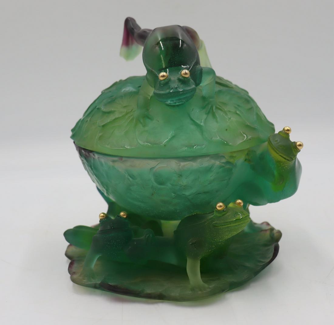 Daum Signed French Molded Pate De Verre Covered: Bowl. The molded lotus leaf spherule container with frog finial resting on the backs of assorted frogs seated upon a lily pad. From a Madison Ave, NYC estate. - Dimensions: 8" h.