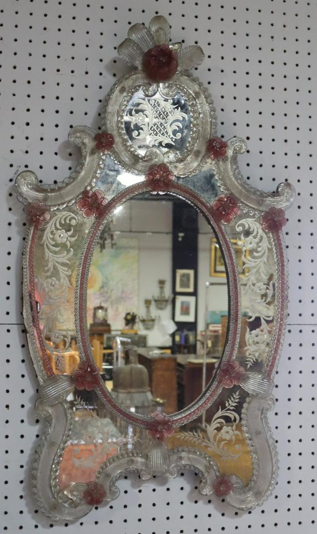 A Venetian Glass Mirror With Pink Flowers. (1 of 6)
