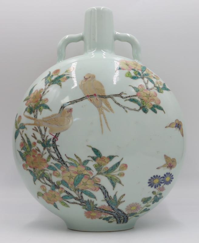 Chinese Famille Rose 'Birds and Flowers' Moon: Flask. Chinese Famille Rose enamel decorated 'birds and flowers' moon flask. With a Yongzheng mark to the underside. From a Iverness, IL estate. Dimensions: moon flask measures approx. 12.5" high